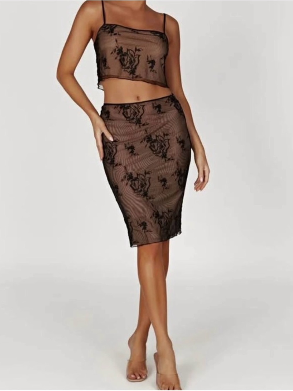 Meshki Black Sheer Floral Lace Two-Piece Midi Set